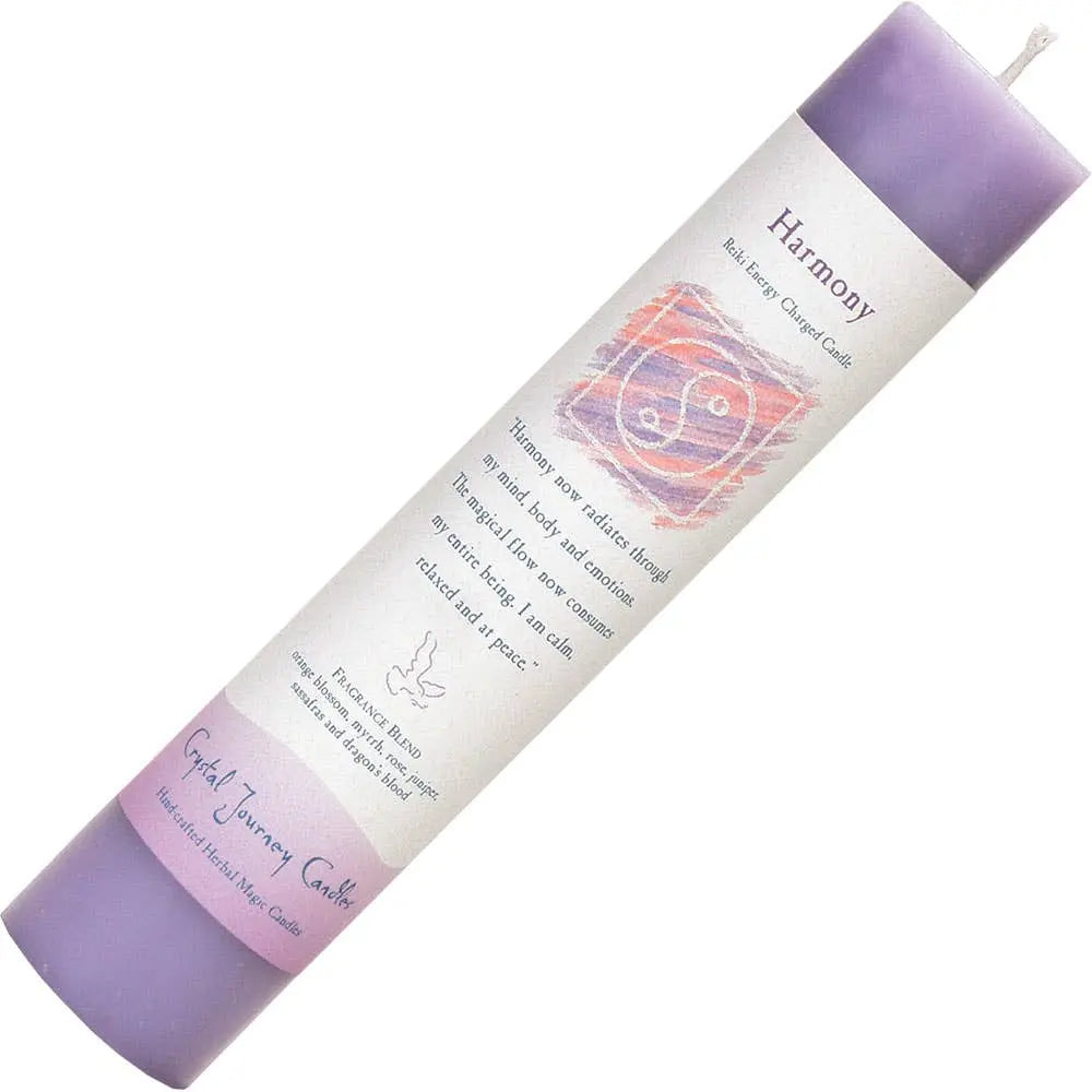 Candle with 'Harmony' text and design on a white background