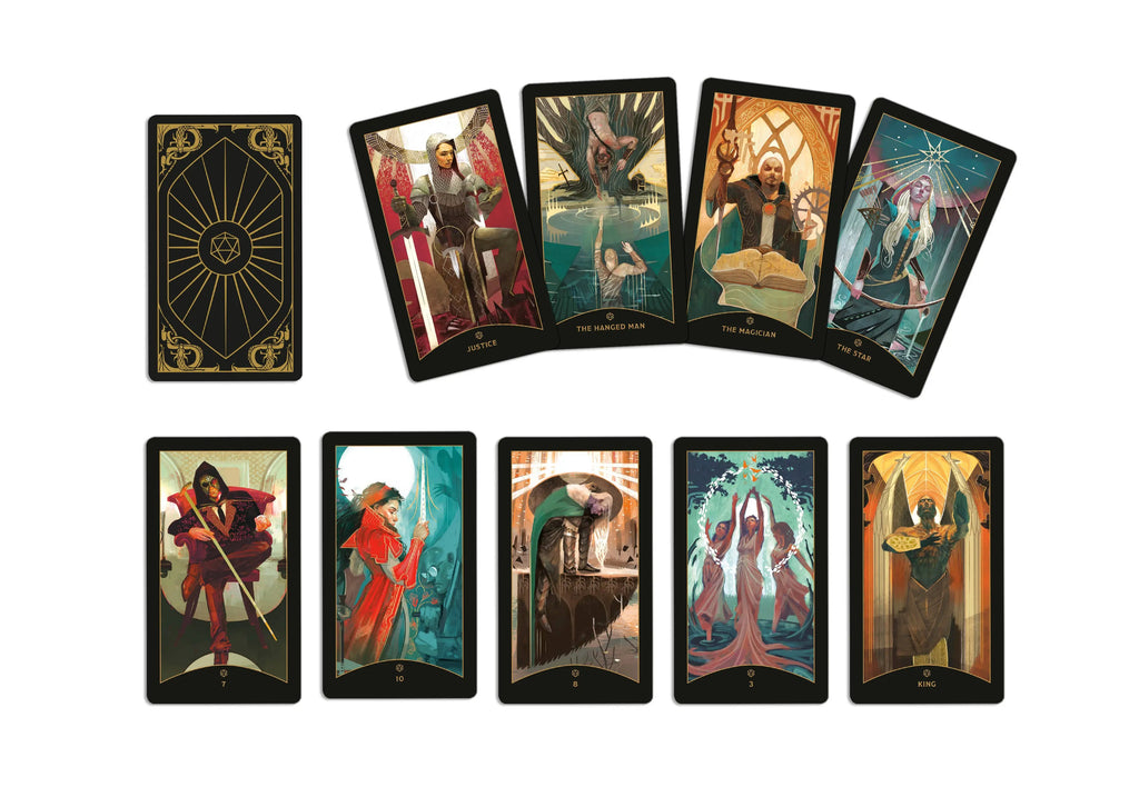 A Set of tarot cards with colorful illustrations on a black background