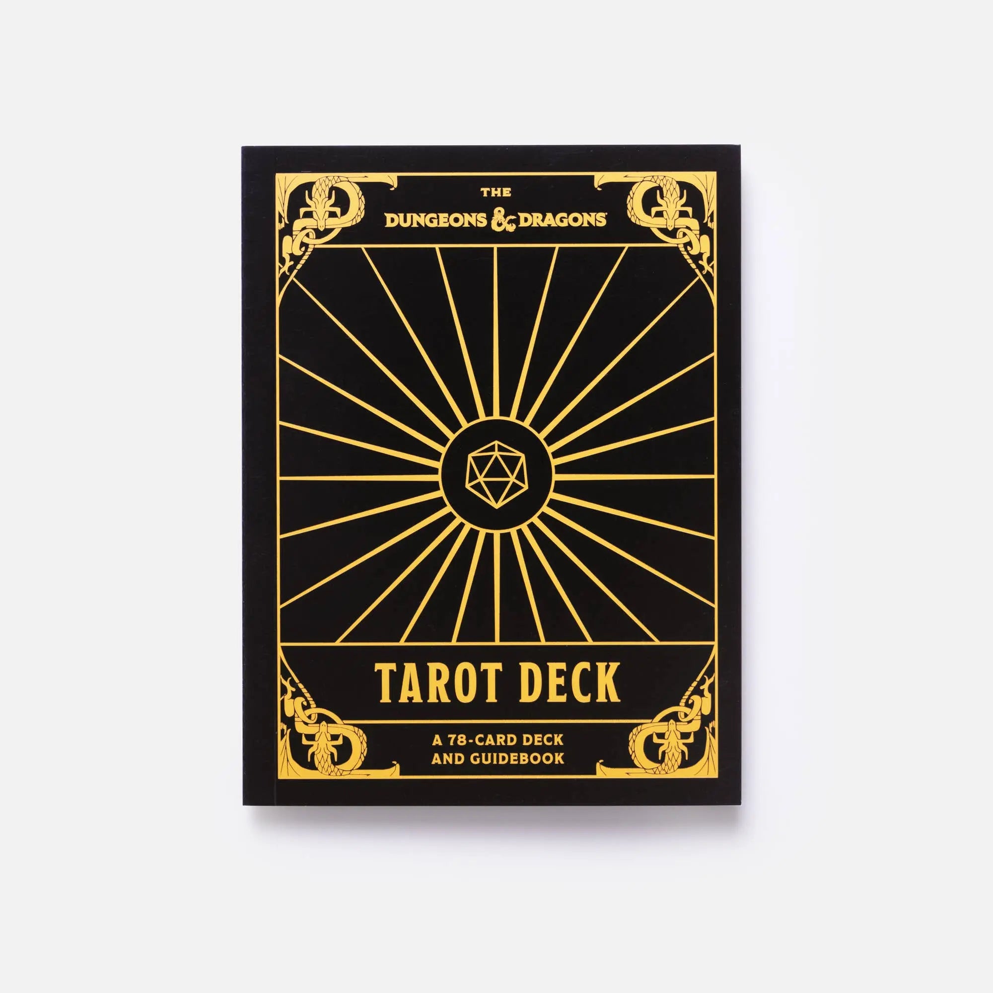 Dungeons & Dragons Tarot Deck packaging with gold text on a black background