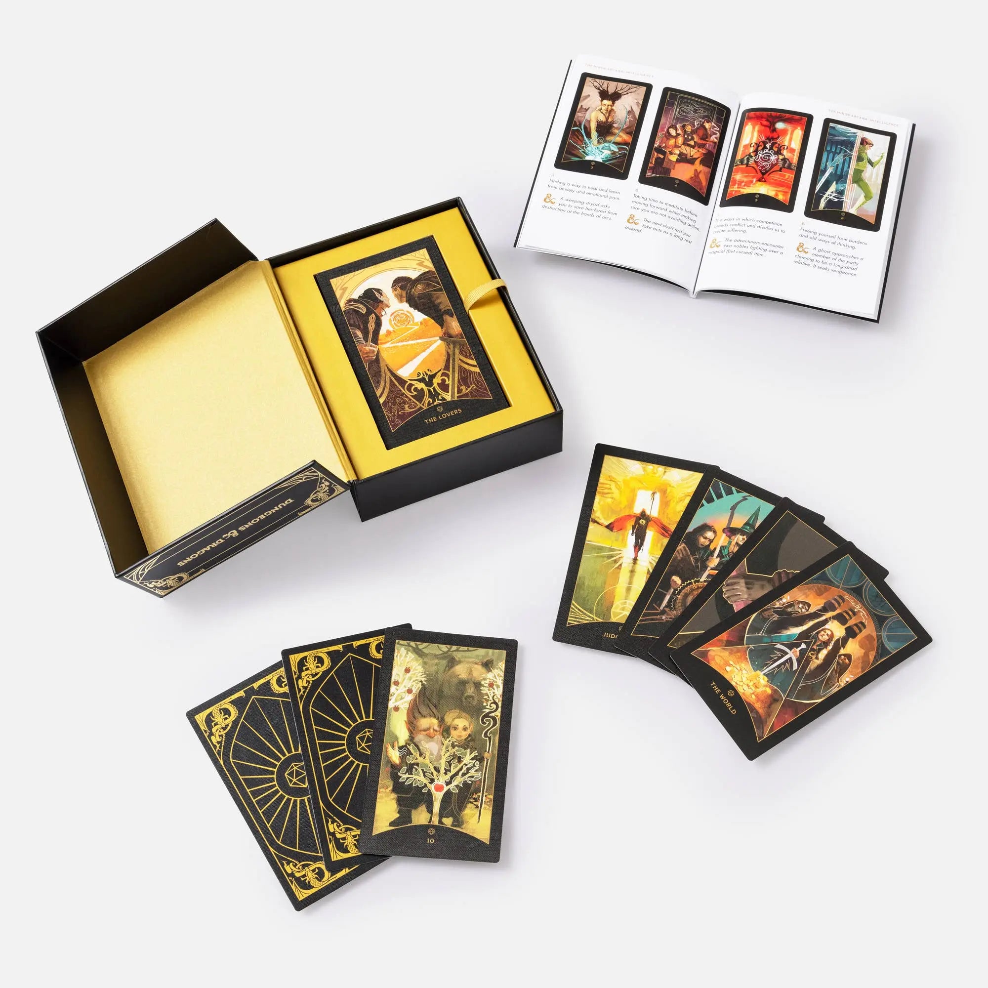 Dungeons & Dragons Tarot Deck with the box, guide book, and example tarot card spreads. 