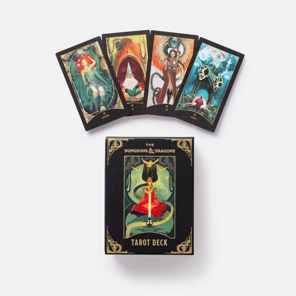 The Dungeons & Dragons Tarot Deck with an example spread Tarot cards with colorful illustrations on a white background