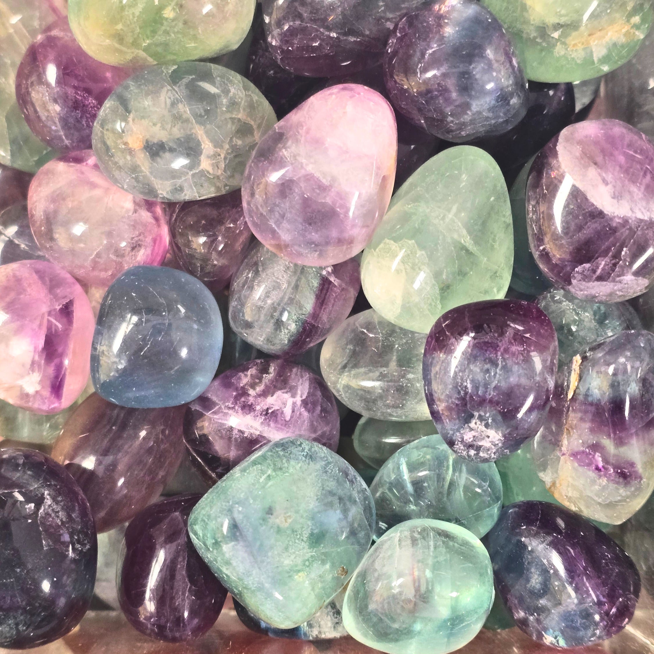 A pile of tumbled fluorite