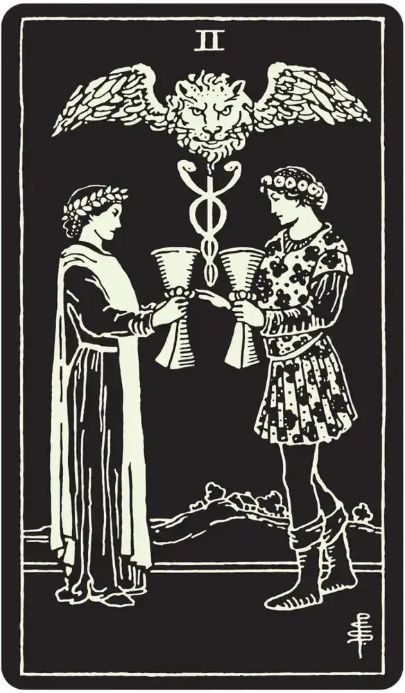 Two people holding cups with a lion head symbol above them on a black background