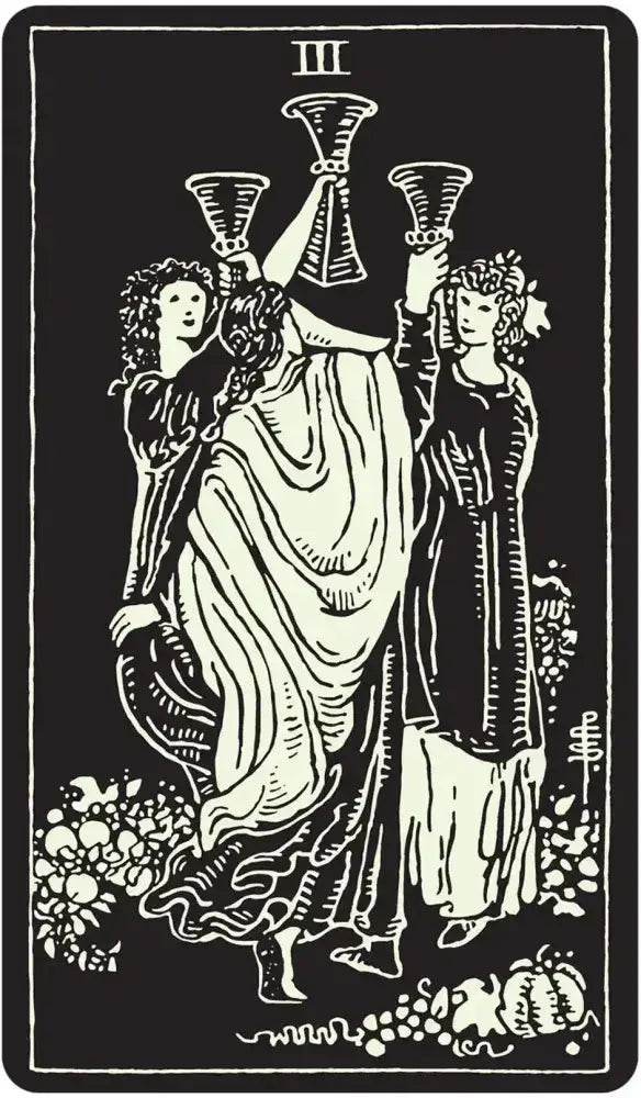 Tarot card with three figures holding cups, black background