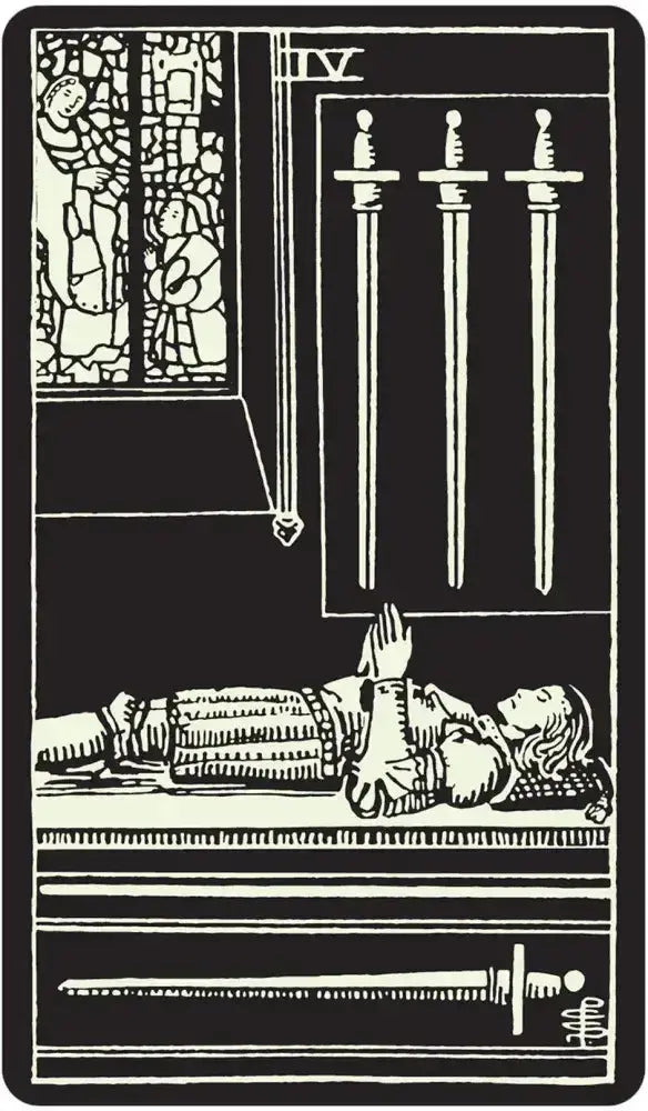 Card from a tarot deck with a figure lying down, 4 swords, and a stained glass window.