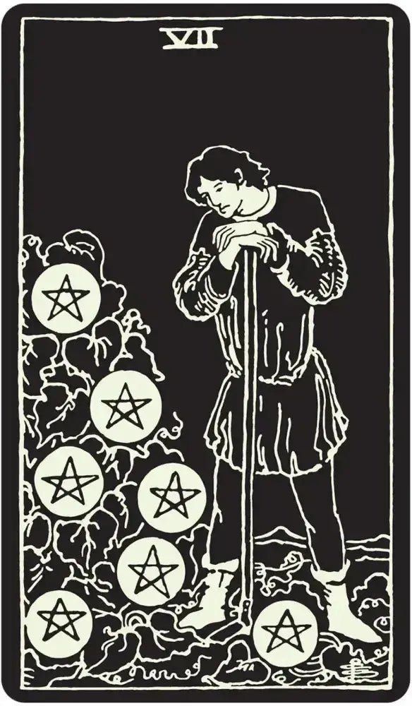 Tarot card with a figure holding a staff and 7 pentacles symbols on a black background