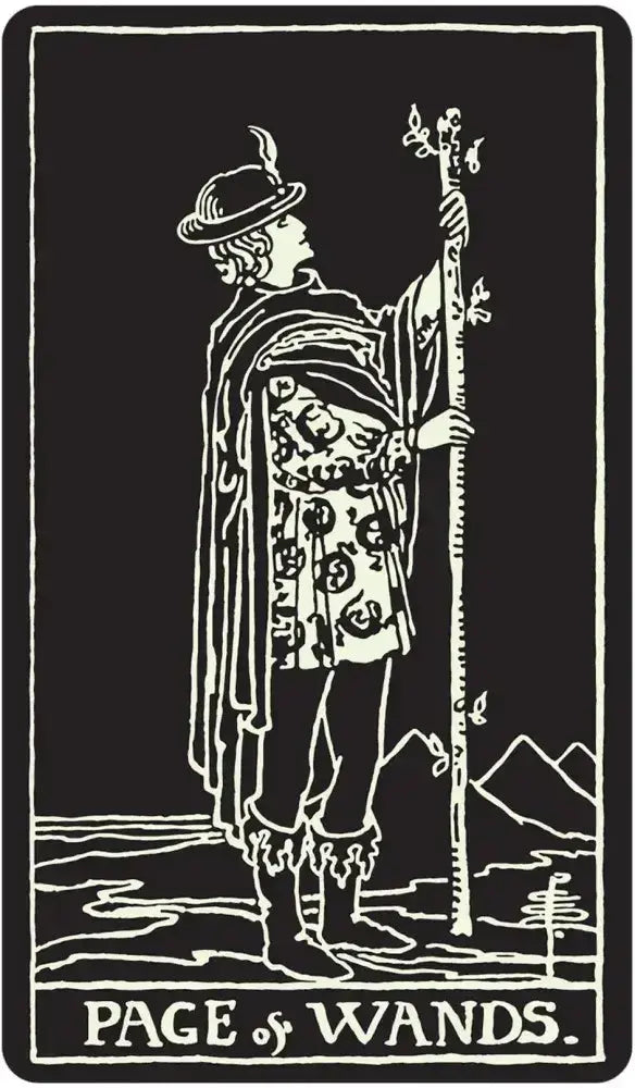 Illustration of 'Page of Wands' from a tarot card, with a person holding a staff against a black background.