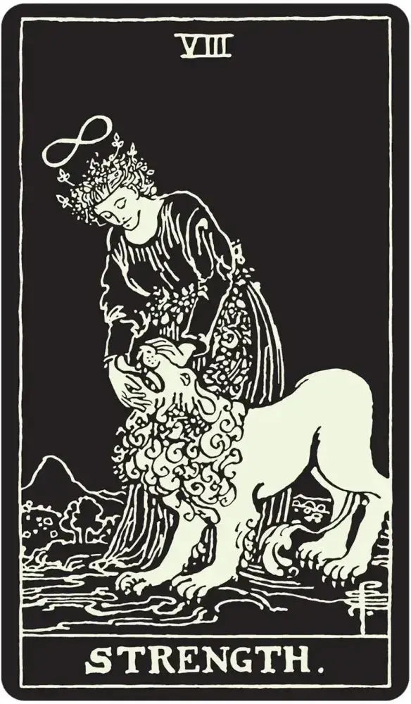 Tarot card featuring a figure with a lion, titled 'Strength', on a black background.
