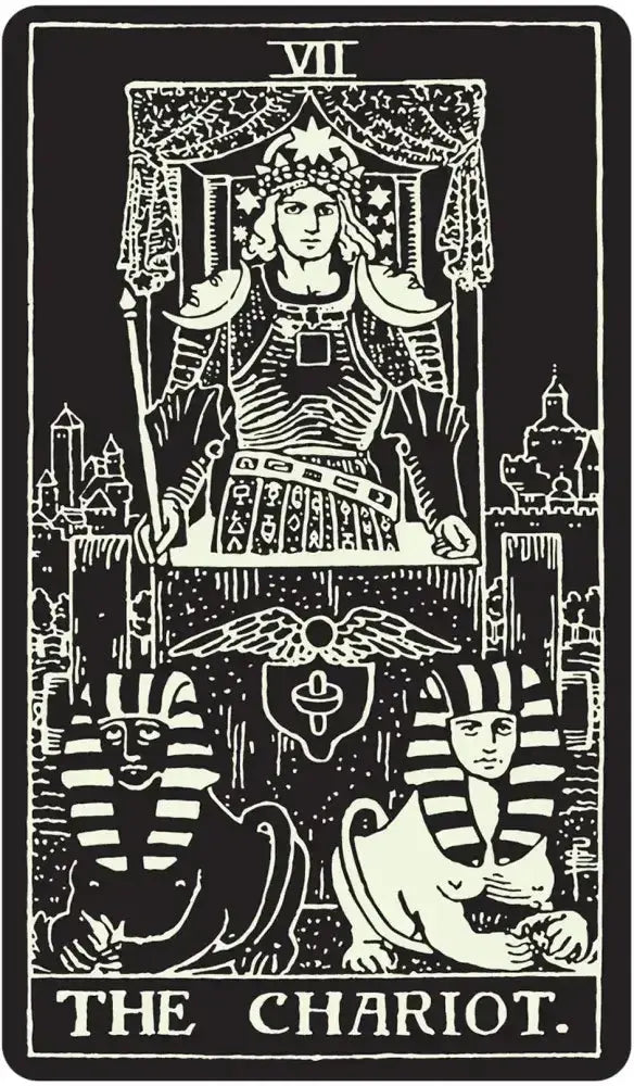 Tarot card 'The Chariot' with a black and white illustration of a person on a chariot, flanked by sphinxes.