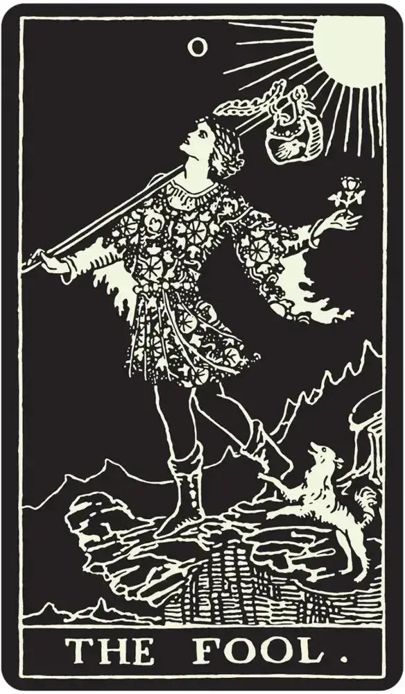 Tarot card featuring 'The Fool' with a person holding a staff and a bird, set against a black background.