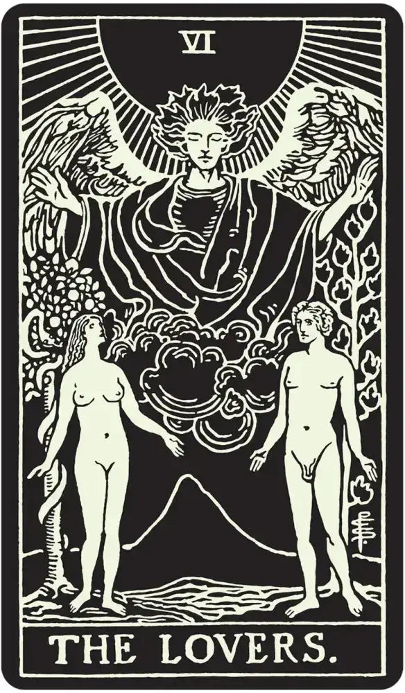 Tarot card 'The Lovers' with black and white illustration of two people and a central figure.
