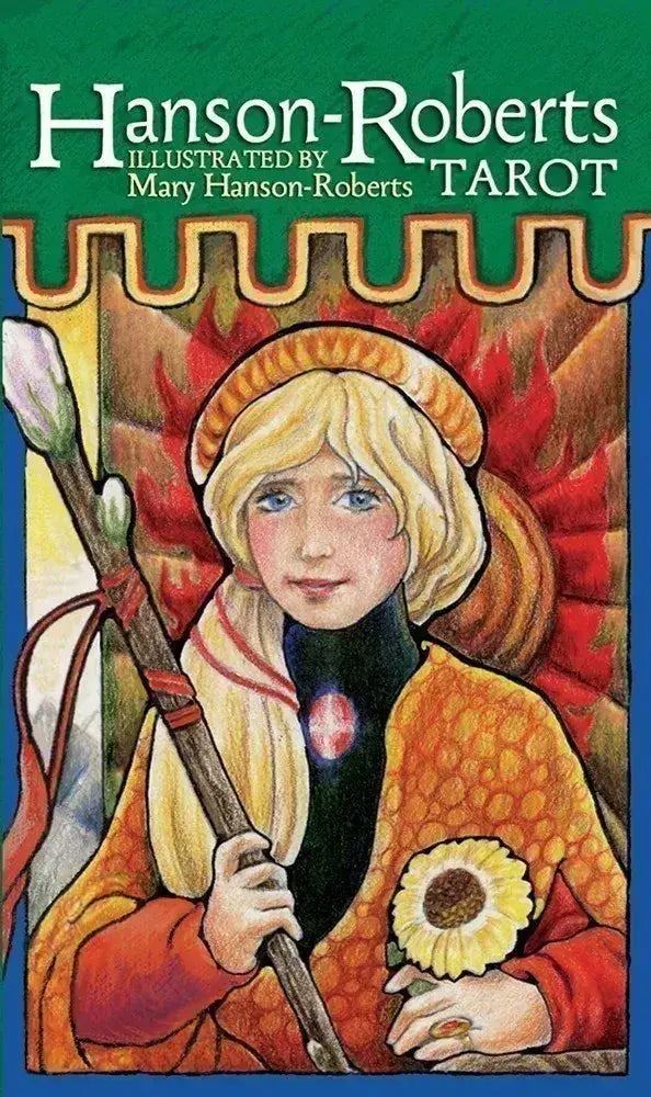 Cover of the Hanson-Roberts Tarot with a stylized illustration of a figure holding a staff and flower, against a green background.