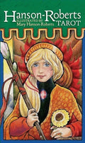 Cover of the Hanson-Roberts Tarot with a stylized illustration of a figure holding a staff and flower, against a green background.