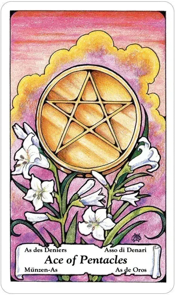 Ace of Pentacles tarot card with a pentacle symbol and flowers on a colorful background