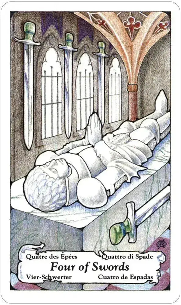 Card from a tarot deck showing a figure lying on a bed with four swords above, set against a cathedral-like background.