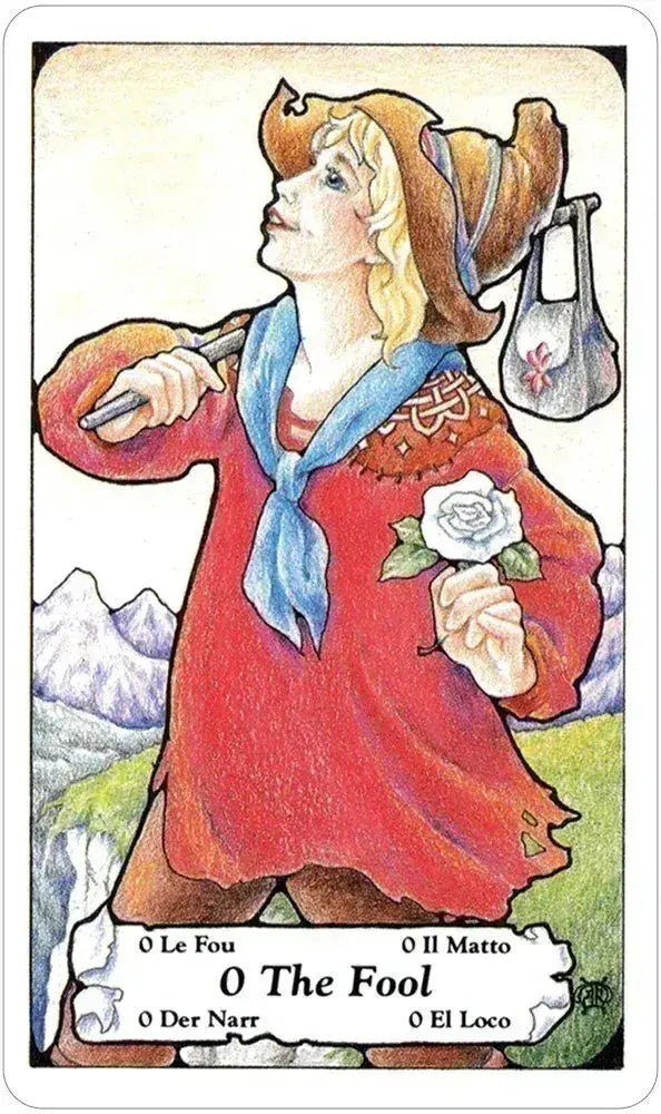 Card from a tarot deck featuring 'The Fool' with a person in a red outfit and hat, holding a rose.