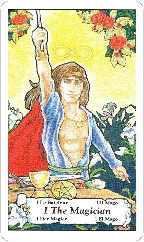 Tarot card featuring 'The Magician' with a person holding a sword and surrounded by flowers.