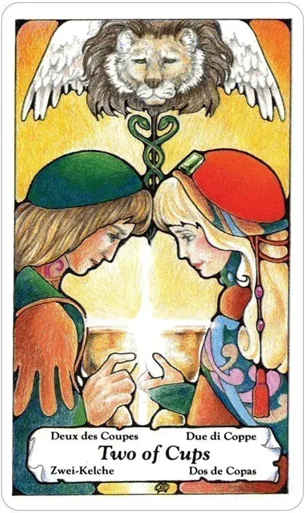 Two people holding hands with a lion above, tarot card design.