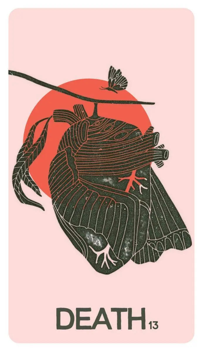 Card with a stylized design of a large insect-like creature on a pink background, labeled 'DEATH 13'.