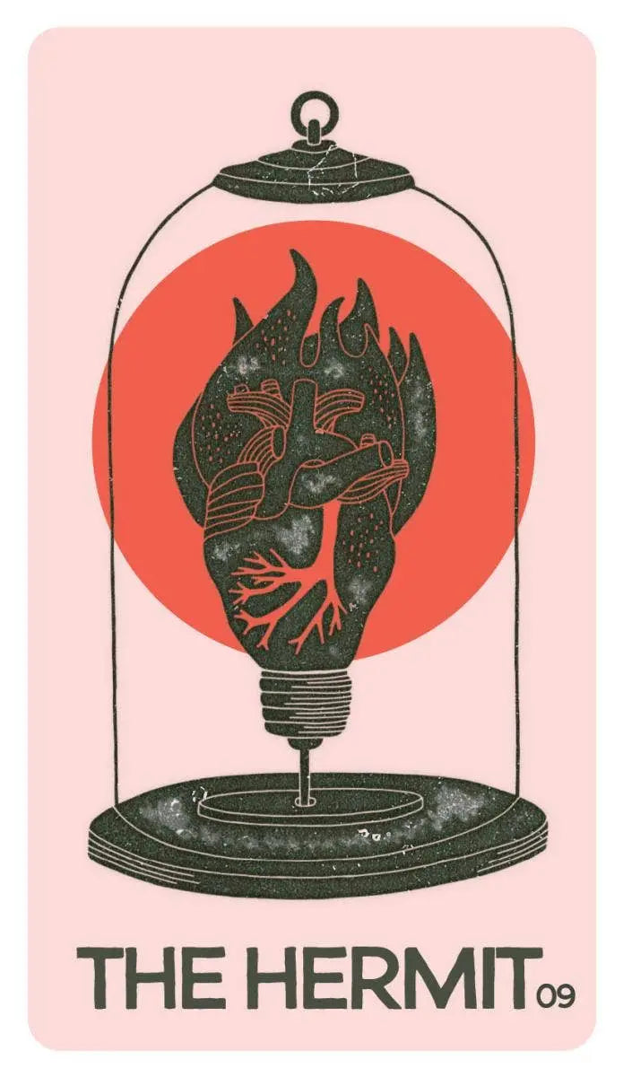 Card titled 'The Hermit' with a stylized illustration of a heart and lungs in a glass dome on a pink background.