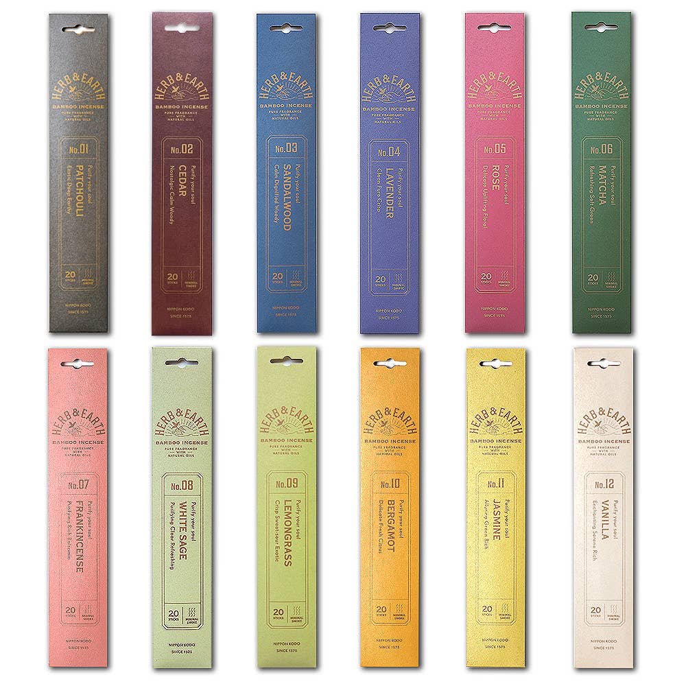 Assorted incense sticks in various colors with labels on a white background