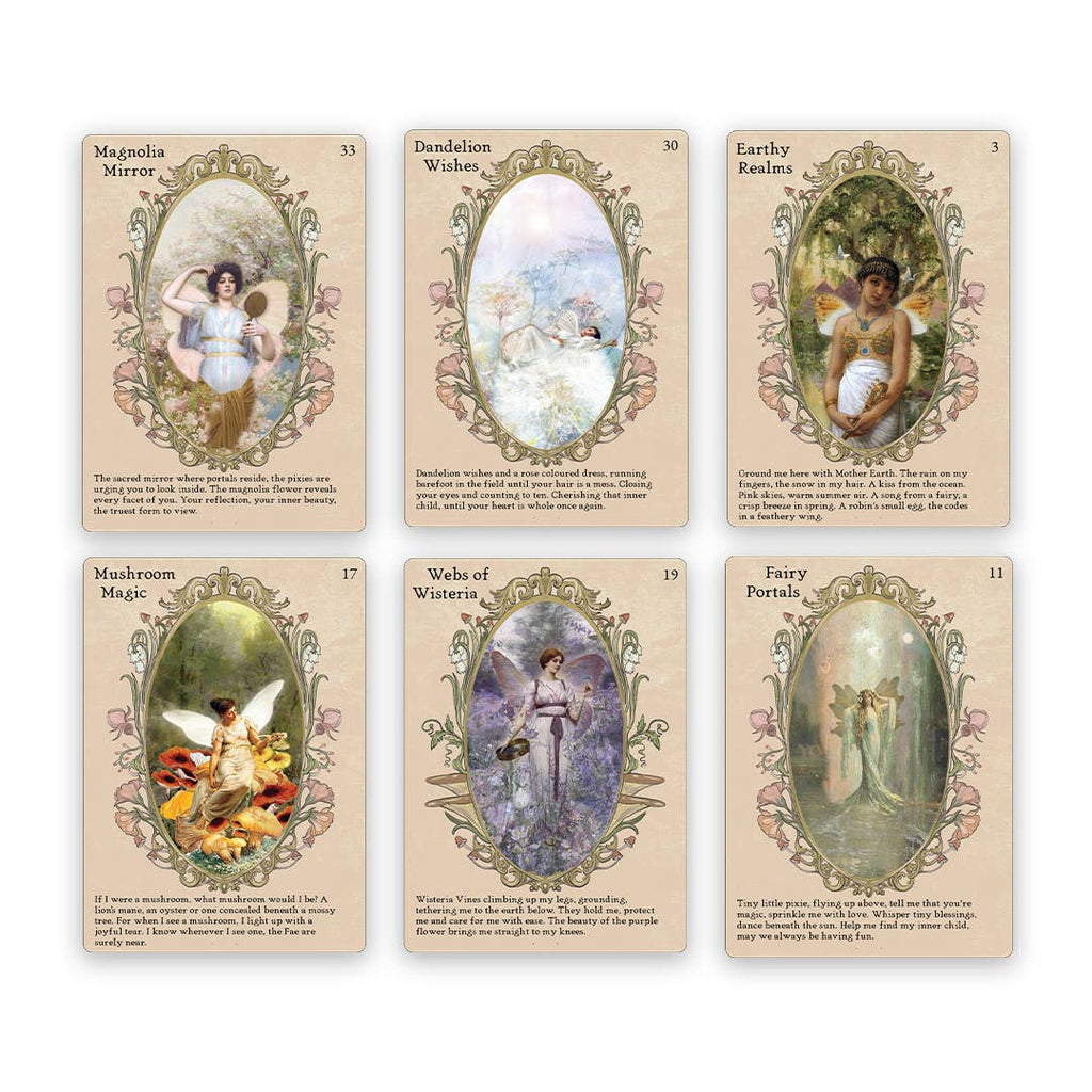 Set of six vintage-style cards with fairy-themed illustrations and text on a white background.