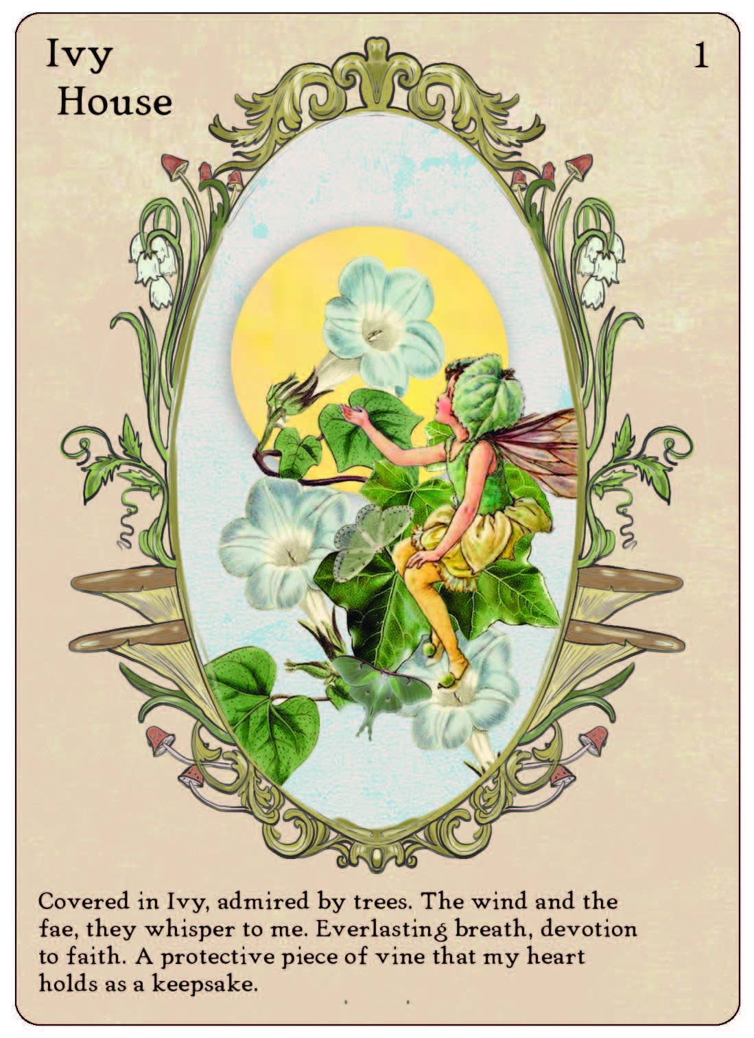 Vintage-style card with a fairy sitting on flowers, framed by decorative elements and text.