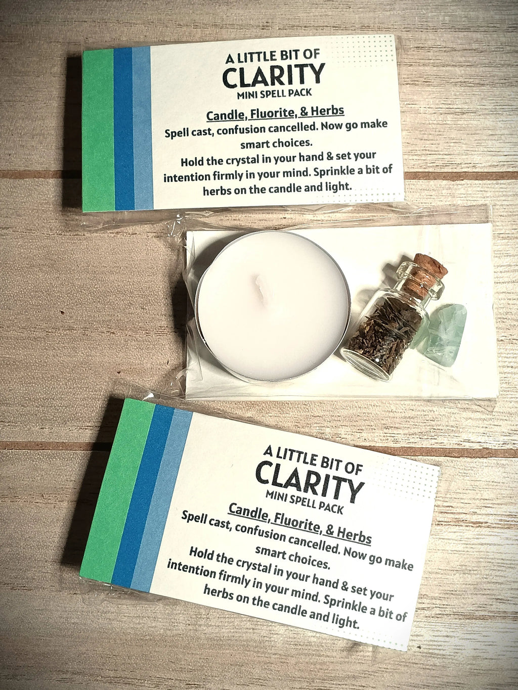 Mini spell pack with candle, herbs, and crystal on a wooden surface