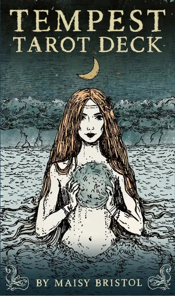 Book cover of 'Tempest Tarot Deck' featuring a woman holding a moon in a stormy landscape.
