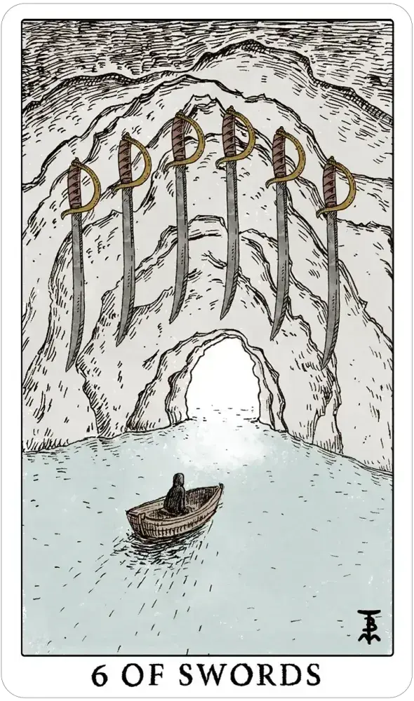 Tarot card '6 of Swords' with a boat on water and mountains in the background