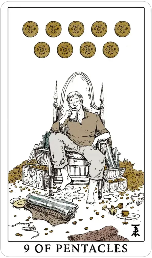 Card from a tarot deck showing a figure with nine gold coins labeled '9 of Pentacles'.