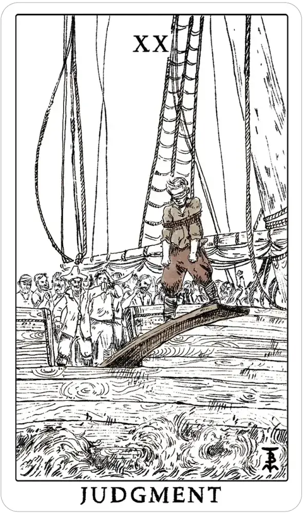 Tarot card titled 'Judgment' with a black and white illustration of a ship and figures.