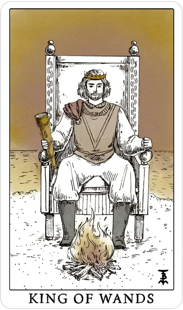 King of Wands tarot card with a king sitting on a throne by a campfire.