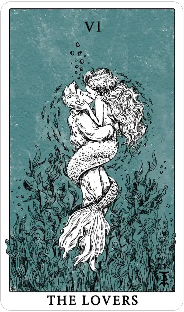Tarot card featuring a mermaid and a fish, labeled 'The Lovers' with the number 'VI'.