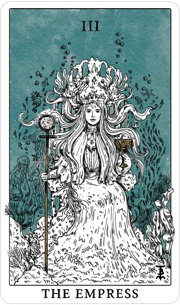 Tarot card featuring 'The Empress' with intricate design and text on a teal background
