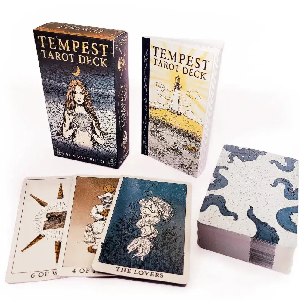 Tempest Tarot Deck packaging and cards on a white background