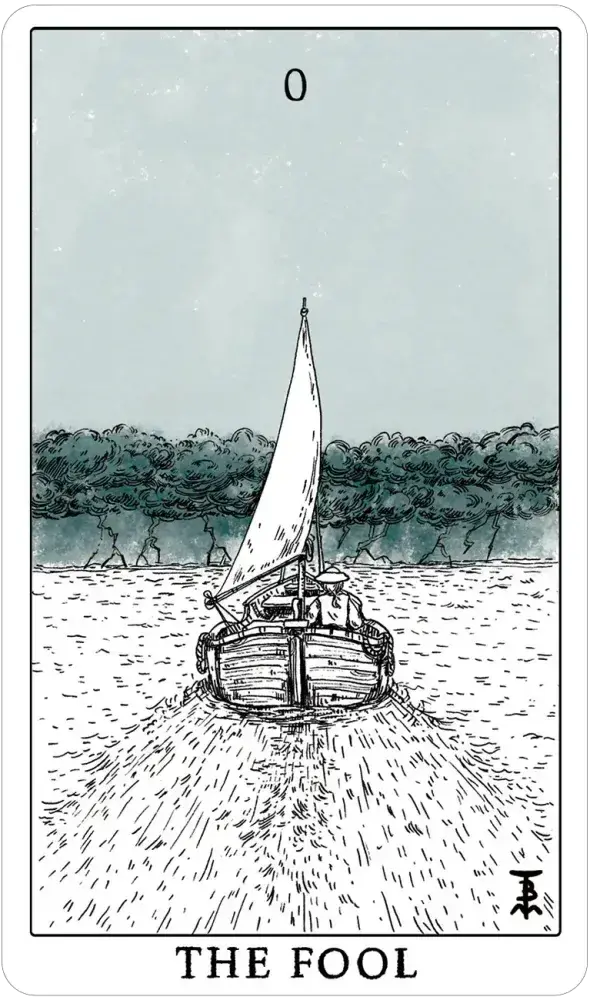 Illustration of a sailboat on water with 'The Fool' at the bottom, resembling a tarot card.