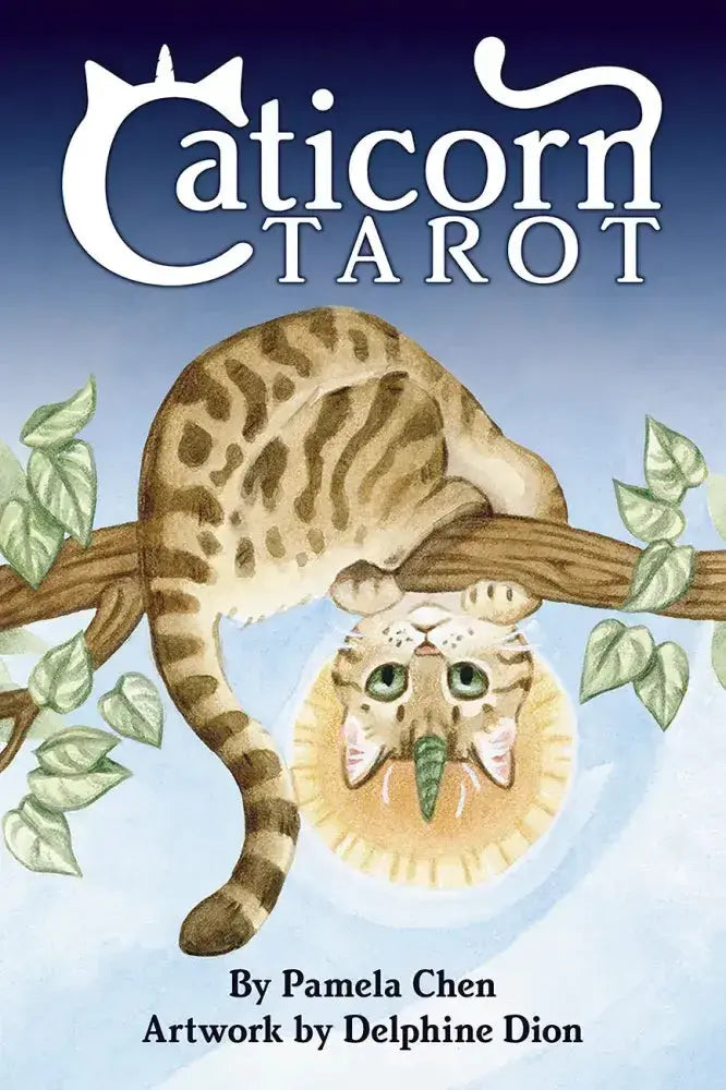 Cover of 'Caticorn Tarot' with a cat with a unicorn horn on a branch.