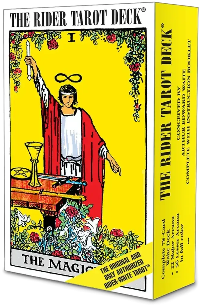 Box of The Rider Tarot Deck with a colorful illustration on the cover.