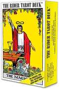 Box of The Rider Tarot Deck with a colorful illustration on the cover.