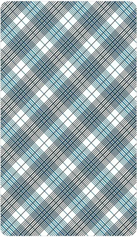 Plaid pattern rug with blue and black lines on a white background