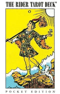 Cover of 'The Rider Tarot Deck' pocket edition with a person in a colorful outfit standing on a rock.