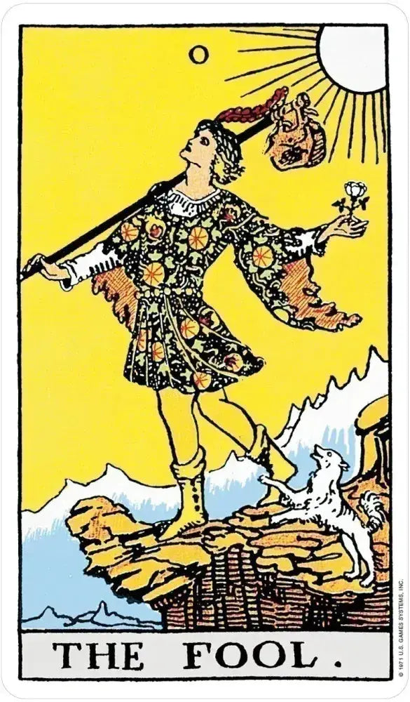 Tarot card titled 'The Fool' with a person standing on a rock, a dog, and a yellow background.
