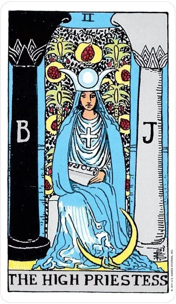 Tarot card featuring 'The High Priestess' with a person in blue robes and a crown.