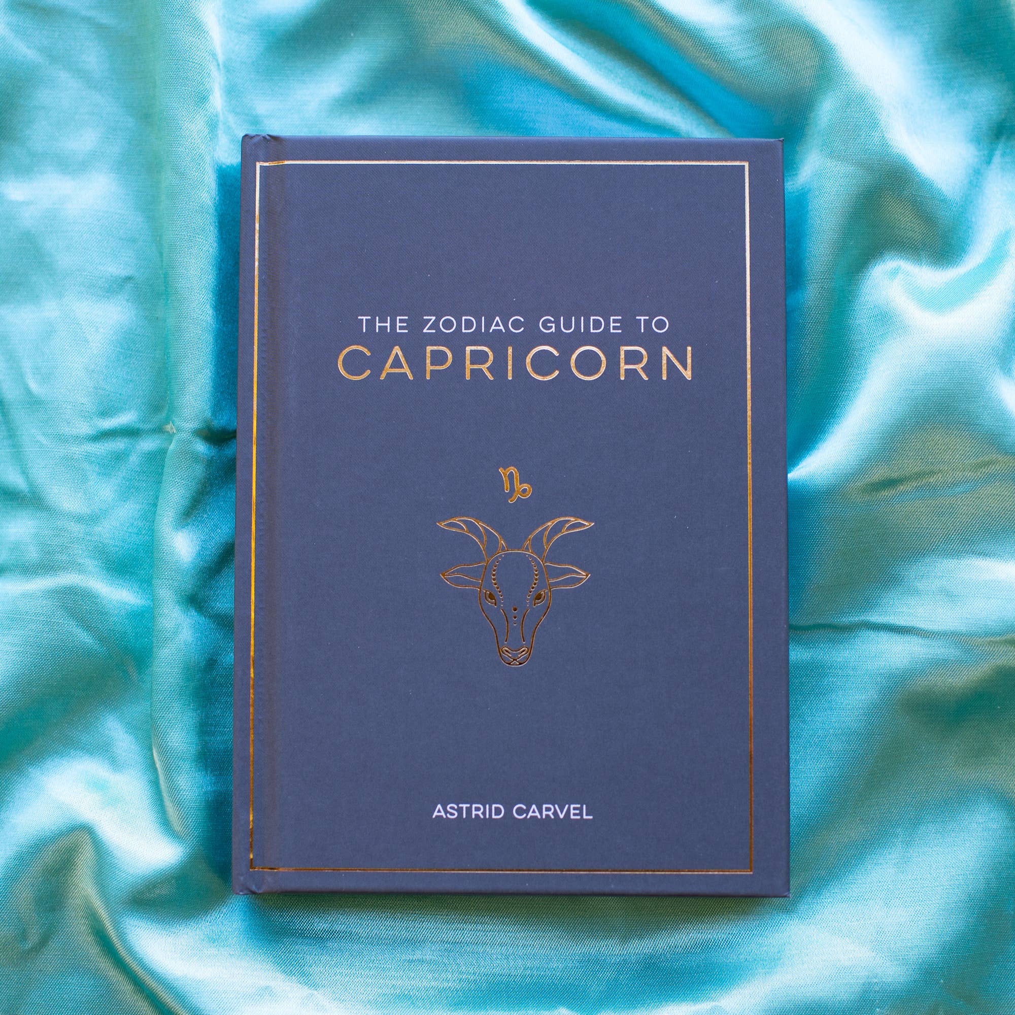 Book titled 'The Zodiac Guide to Capricorn' by Astrid Carvel on a blue fabric background