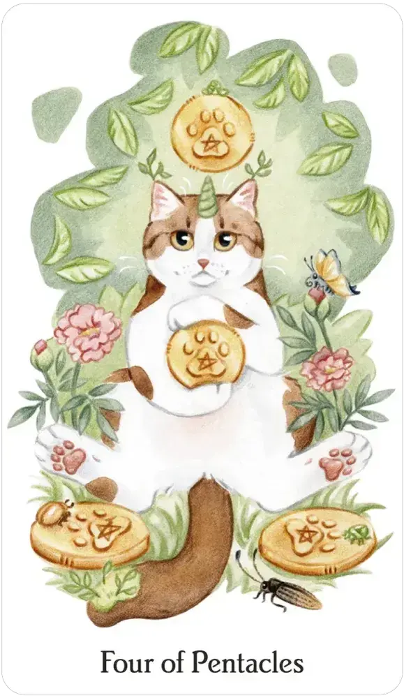 Card featuring a cat holding a pentacle symbol surrounded by nature elements on a white background. Labled "four of Pentacles" 