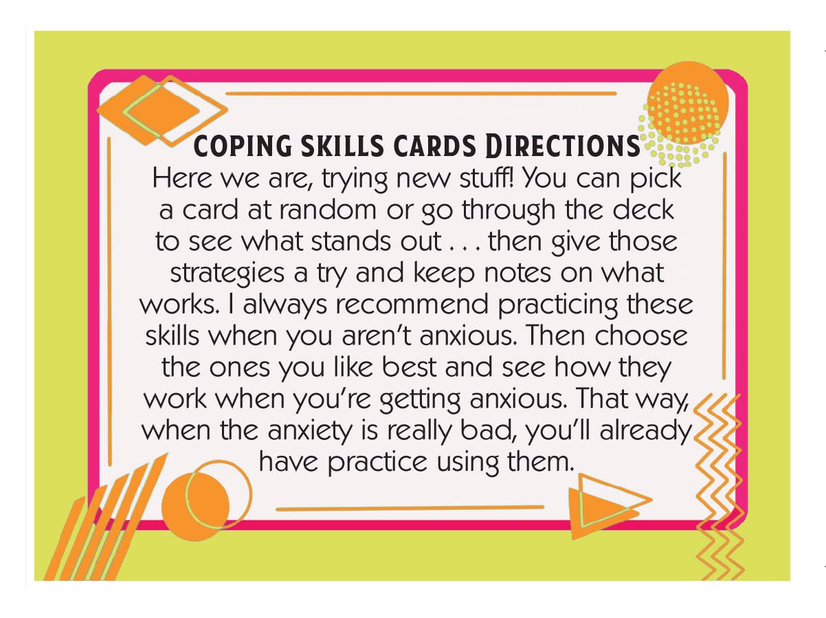 Instructions for coping skills cards on a green background with text and decorative elements.