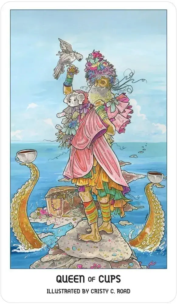 Colorful illustration of the 'Queen of Cups' tarot card by Cristy C. Road, featuring a person with a bird and cups.