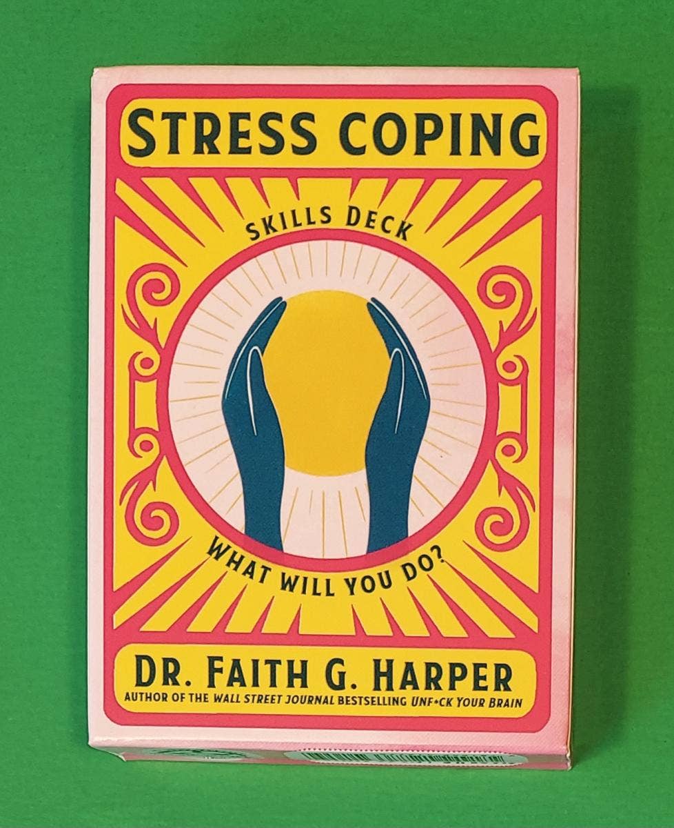 Stress Coping Skills Deck book cover with yellow and pink design on a green background
