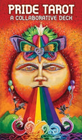 Cover of 'Pride Tarot' with a colorful design featuring a face with rainbow hair and a rainbow beard.